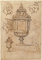 Sheet with sketches and designs for two vases, three classical heads en profil and two slave figures (recto); Design for a Vase and a Nude Male Figure (verso), Giovanni Battista Foggini (Italian, Florence 1652–1725 Florence), Pen and brown ink, brush and gray wash over black chalk (recto); pen and brown ink, brush and gray wash, black chalk (verso)